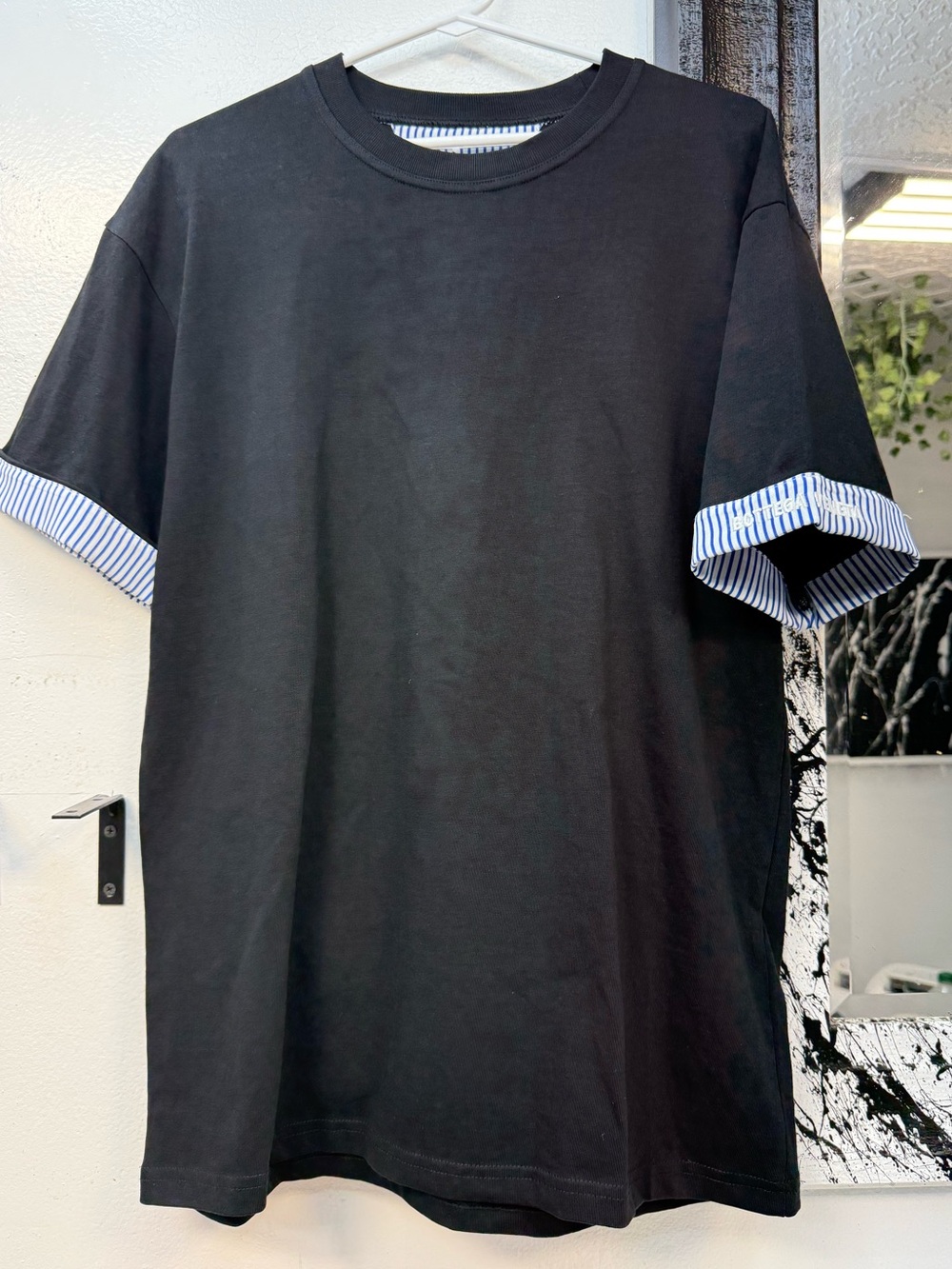 Bottega Veneta Black Short Sleeve Crewneck Shirt with Blue-White Stripe Cuffs